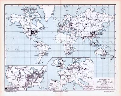 Farbig illustrierte Karte und Technische Abhhandlung zum Thema Verbreitung der Steinkohle auf der Erde aus 1893.