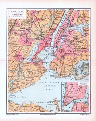 New York und Umgebung Stadtplan ca. 1893 Original der Zeit