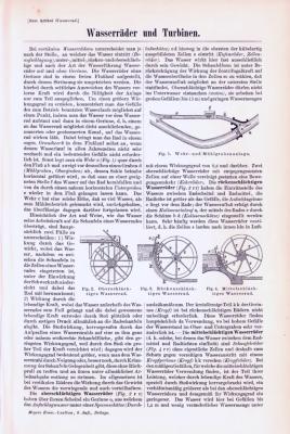 Technische Abhandlung mit Stichen aus 1893 zum Thema Wasserräder und Turbinen.