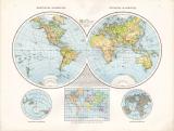 Farbig illustrierte Weltkarte aus dem Jahr 1881 zeigt westliche und östliche Halbkugel sowie Wasser und Land Halbkugel. Eine kleine Übersichtskarte zeigt die 5 Weltteile in Mercators Projektion.