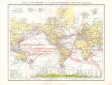 Farbig illustrierte Weltkarte aus dem Jahr 1881 zeigt den Weltverkehr und Meeresströmungen in Mercators Projektion.