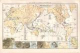 Weltverkehr & Meeresströmungen Weltkarte ca. 1881 Original der Zeit