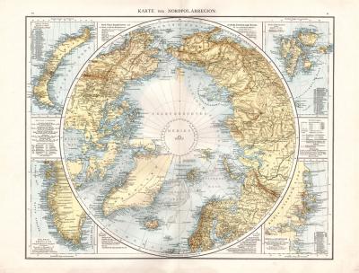 Farbig illustrierte Karte der Nordpolarregion aus dem Jahr 1881 mit Angabe der verschiedenen Expeditionen.