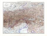 Farbig illustrierte Landkarte aus dem Jahr 1881 zeigt die österreichischen Alpenländer im Maßstab 1 zu 1.125.000.