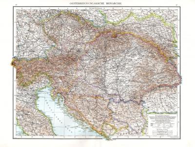 Farbig illustrierte Karte aus dem Jahr 1881 zeigt die Gebiete der Monarchie Österreich-Ungarn. Im Maßstab 1 zu 2.750.000.