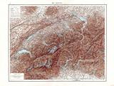 Farbig illustrierte Karte aus dem Jahr 1881 zeigt eine topografische Darstellung der Schweiz im Maßstab 1 zu 800.000.