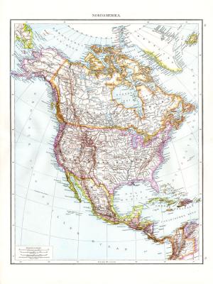 Farbig illustrierte Karte aus dem Jahr 1881 zeigt den nördlichen Teil Amerikas im Maßstab 1 zu 20 Millionen.