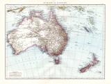 Farbig illustrierte Karte aus dem Jahr 1881 zeigt Australien udn Neuseeland im Maßstab 1 zu 13.500.000.