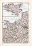 Farbig illustrierte Karte aus dem Jahr 1881 zeigt den nordwestlichen Teil Frankreichs. Ausschnitt zeigt die Bretagne.