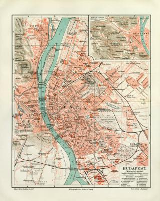 Budapest historischer Stadtplan Karte Lithographie ca. 1903