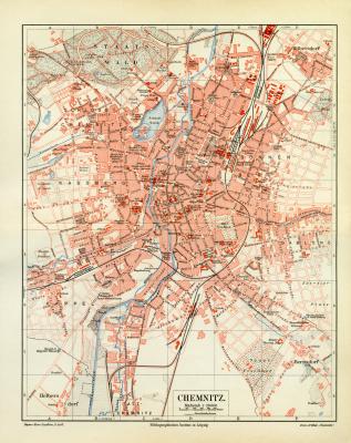 Chemnitz historischer Stadtplan Karte Lithographie ca. 1903
