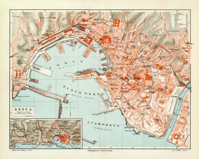 Genua historischer Stadtplan Karte Lithographie ca. 1904
