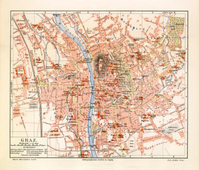 Graz historischer Stadtplan Karte Lithographie ca. 1904