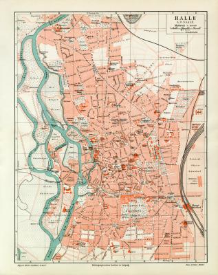 Halle a.d. Saale historischer Stadtplan Karte Lithographie ca. 1904