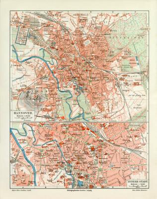 Hannover historischer Stadtplan Karte Lithographie ca. 1906