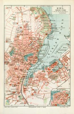 Kiel historischer Stadtplan Karte Lithographie ca. 1905