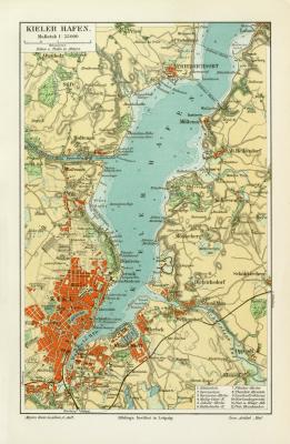Kieler Hafen historischer Stadtplan Karte Lithographie ca. 1905