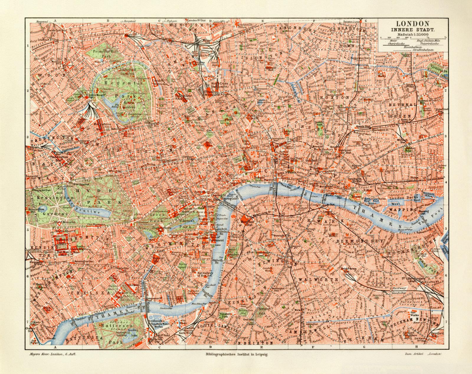 1905 antik London Innere Stadt historischer Stadtplan Karte Lithographie ca 