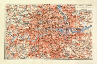 London Umgebung historischer Stadtplan Karte Lithographie ca. 1905