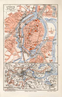 Lübeck historischer Stadtplan Karte Lithographie ca. 1905