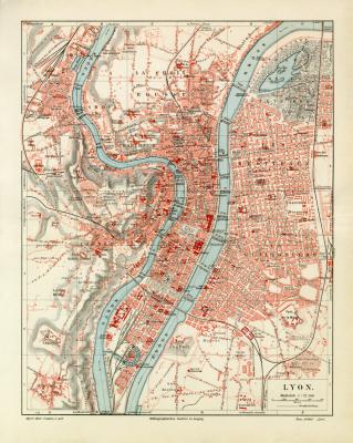 Lyon historischer Stadtplan Karte Lithographie ca. 1905