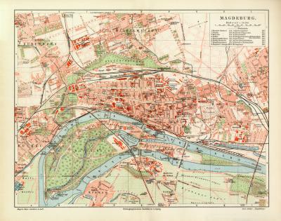Magdeburg historischer Stadtplan Karte Lithographie ca. 1906