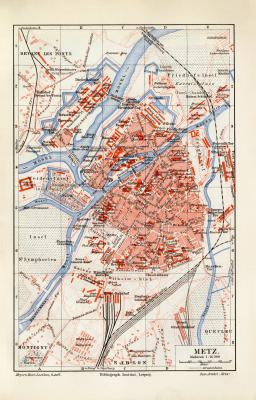 Metz historischer Stadtplan Karte Lithographie ca. 1906