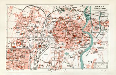Posen historischer Stadtplan Karte Lithographie ca. 1907