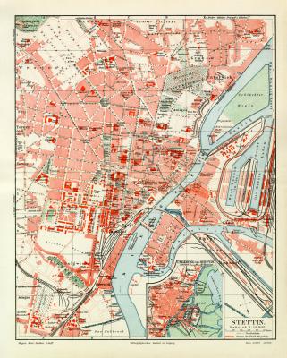 Stettin historischer Stadtplan Karte Lithographie ca. 1908