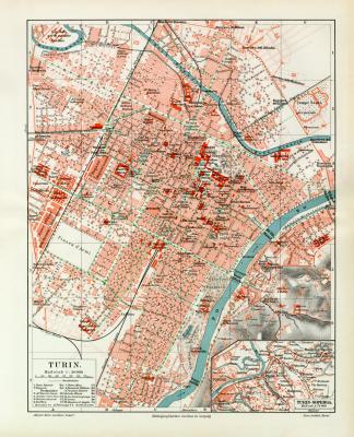 Turin historischer Stadtplan Karte Lithographie ca. 1908