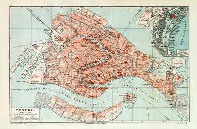 Venedig historischer Stadtplan Karte Lithographie ca. 1908