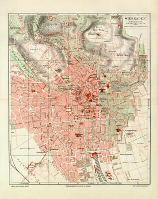 Wiesbaden historischer Stadtplan Karte Lithographie ca. 1908