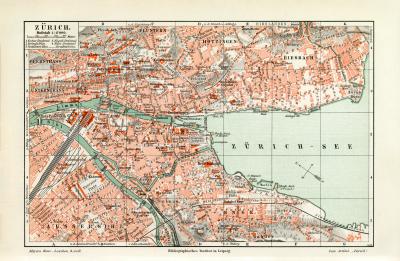 Z&uuml;rich historischer Stadtplan Karte Lithographie ca. 1908