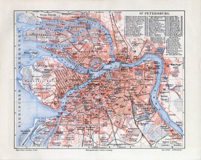 St. Petersburg historischer Stadtplan Karte Lithographie ca. 1907