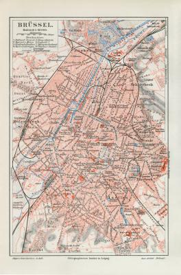 Brüssel historischer Stadtplan Karte Lithographie ca. 1903