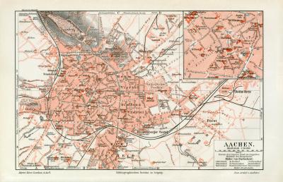 Aachen historischer Stadtplan Karte Lithographie ca. 1902