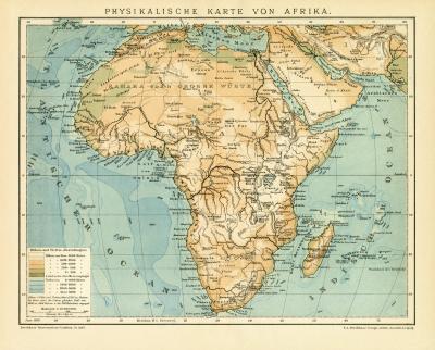 Farbige Lithographie von 1891 zeigt eine physikalische Landkarte von Afrika im Maßstab 1 zu 40 Millionen.