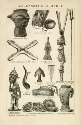 Stich aus 1891 zeigt verschiedene Gegenstände afrikanischer Kulturen.