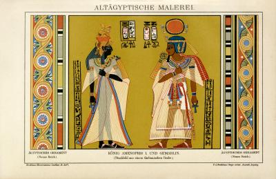 Chromolithographie aus 1891 zeigt König Amenophis mit Gemahlin auf einem Ornament aus dem neuen Reich.