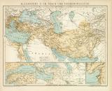 Alexander der Große Reich und Eroberungszüge historische Landkarte Lithographie ca. 1892