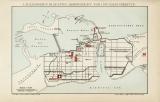 Farbige Lithographie aus 1891 zeigt einen Stadtplan von Alexandria im ersten Jahrhundert vor und nach Christus im Maßstab 1 zu 37.000. Die Rückseite zeigt einen Stadtplan von Alexandria im 3.-5. Jahrhundert nach Christus im Maßstab 1 zu 37.000.