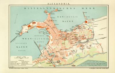 Farbige Lithographie aus 1891 zeigt einen Stadtplan von Alexandria im Maßstab 1 zu 33.400.