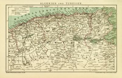 Farbige Lithographie aus 1891 zeigt eine Landkarte von Algerien und Tunesien im Maßstab 1 zu 5.500.000.
