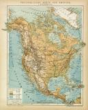 Farbige Lithographie aus 1891 zeigt eine Landkarte von Nordamerika im Maßstab 1 zu 30.000.000.