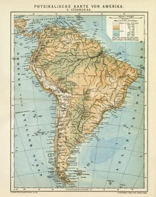 Physikalische Karte von Amerika II. Südamerika historische Landkarte Lithographie ca. 1899