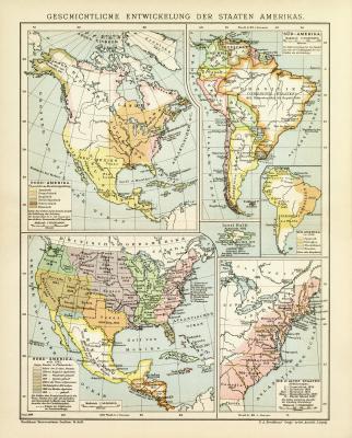 Farbige Lithographie aus 1891 zeigt Karten zur geschichtliochen Entwicklung der Staaten in Nordamerika und Südamerika.