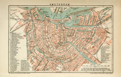Farbige Lithographie aus dem Jahr 1891 zeigt einen Stadtplan von Amsterdam im Maßstab 1 zu 27.300.