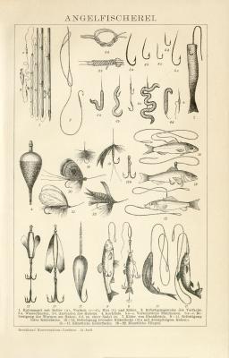 Angelfischerei historische Bildtafel Holzstich ca. 1892
