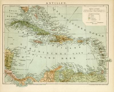 Antillen historische Landkarte Lithographie ca. 1898