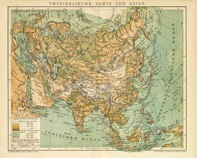 Physikalische von Asien Karte Lithographie 1899 Original der Zeit
